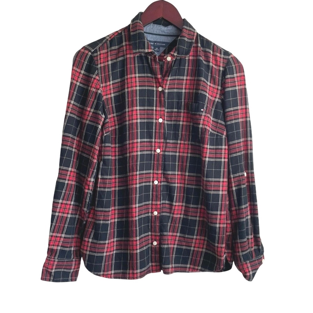 Tommy Hilfiger Women Dark Academia Preppy Plaid Button Down Shirt S Red Heritage